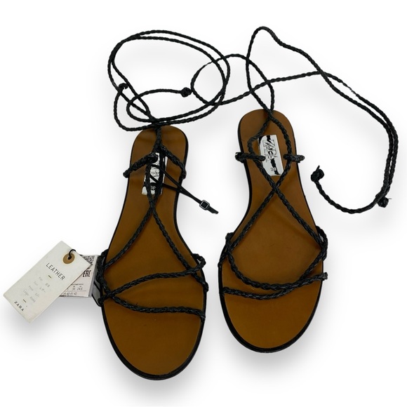 Black Zara Braided Leather Flat Tie Up Sandals Women’s Size 7.5 - Picture 7 of 12